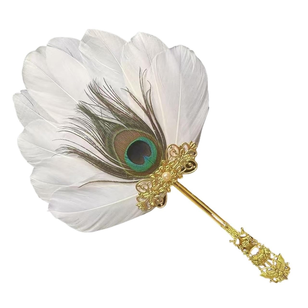 1pc Peacock Feather Fan, Ancient-Style Hanfu,Cheongsam Accessories, Folding, Dance, Catwalk, Photo Props(White)