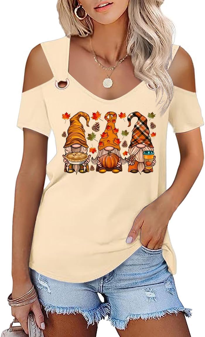 Women's Fall Halloween Thanksgiving Shirt Funny Hollow Out Sweet O Ring Shoulder Short Sleeve Family Matching Party Top