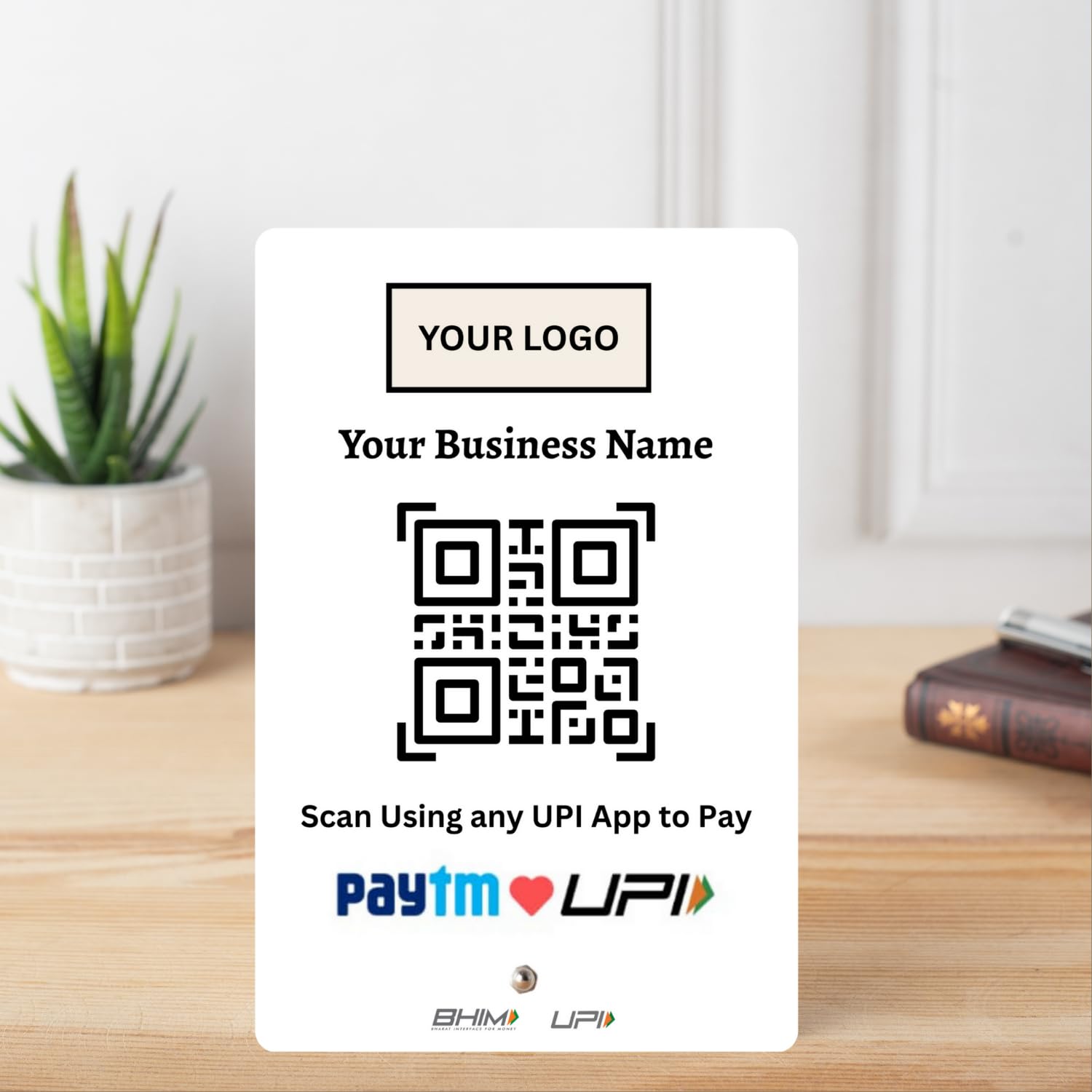 tinydabba UPI Payment Standee | Custom Acrylic Stand with QR Code, Logo & Business Name | Compatible with All Major UPI App | Design 1