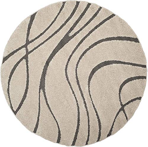 Image of Geometric Wave Round Shaggy Carpet for Living Room, Bedroom, High Low Design Finish Microfiber 1.8 Inch Pile High, 5x5 Feet Ivory|Grey Color