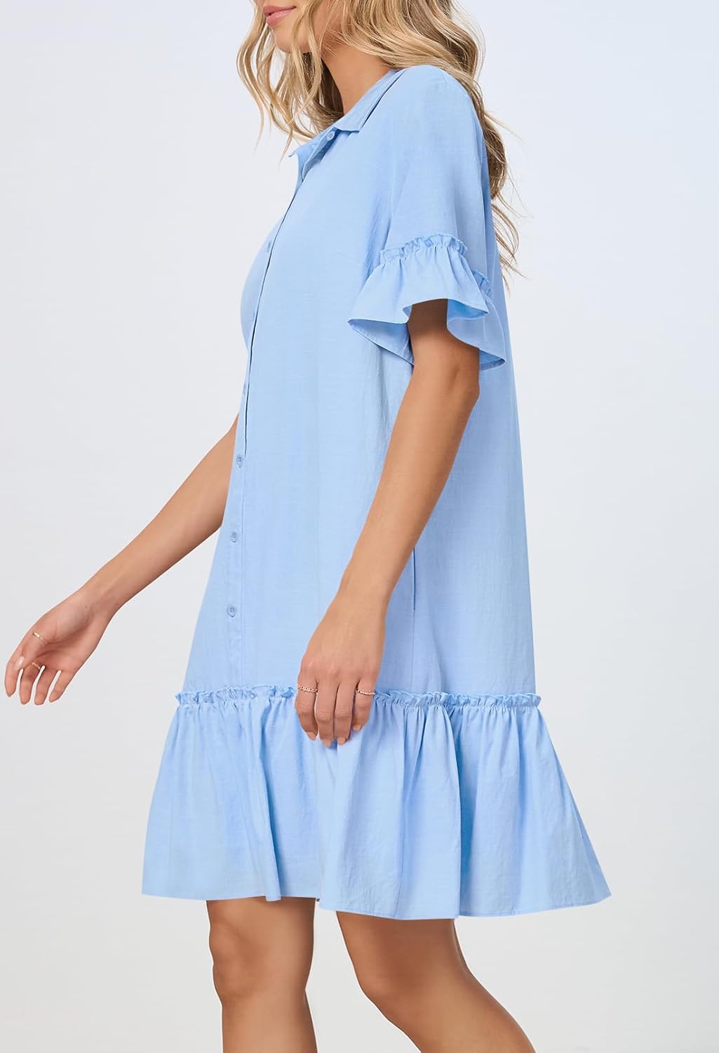 MEROKEETY Women's 2026 Summer Casual Shirt Dress Button Down Ruffle Sleeve Shift Mini Dresses with Pockets - Image 6