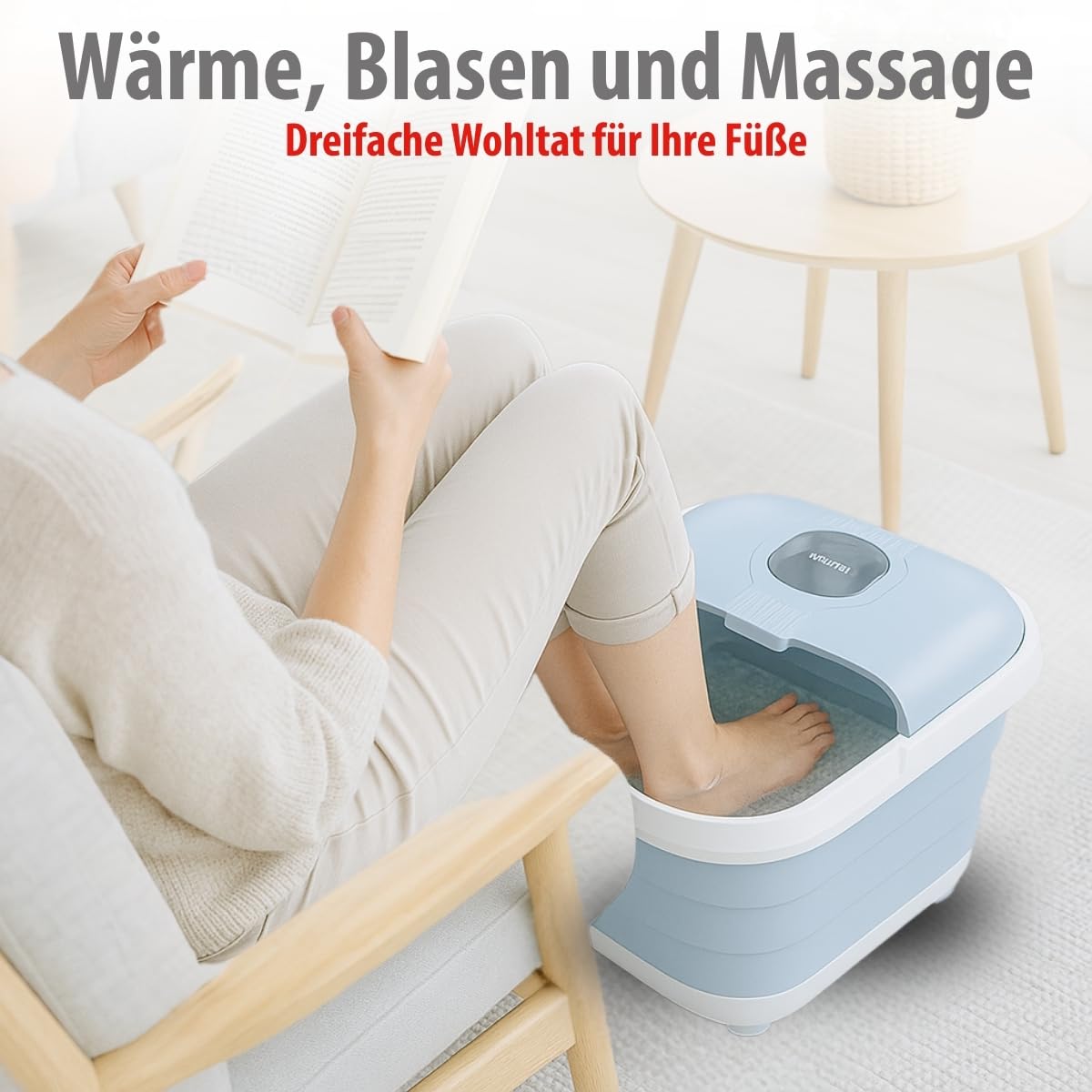 alpina Fußsprudelbad 8L 500W – Faltbares Fußmassagegerät mit Heizung und Blasen – Massage-Rollen und Bimsstein – Heim-Spa für Fußpflege – Hellblau