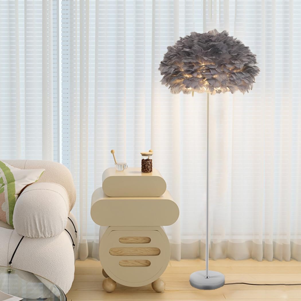 XINYASEE Feder Stehlampe,Weiße/grau Feder Stehleuchte,Modernes Stehlampe für Schlafzimmer Wohnzimmer,Dimmbare Stehleuchte mit Feder Schirm,Minimalistische Standleuchte für Wohnzimmer Dekoration (Grau)