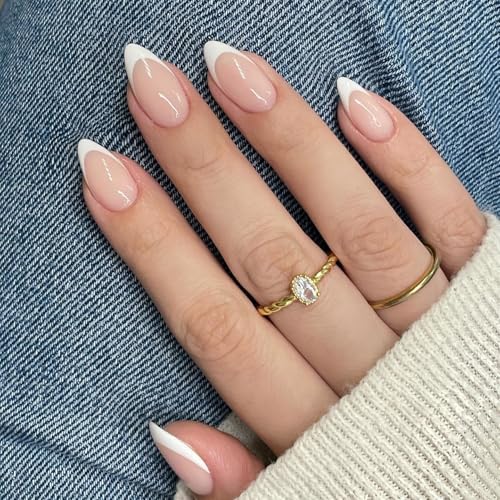 30 Pcs White French Tip Press on Nails Short Almond Nails Press ons, Short Fake Nails Almond Shaped False Nails Natural French Short Acrylic Nails for Women 15 Sizes