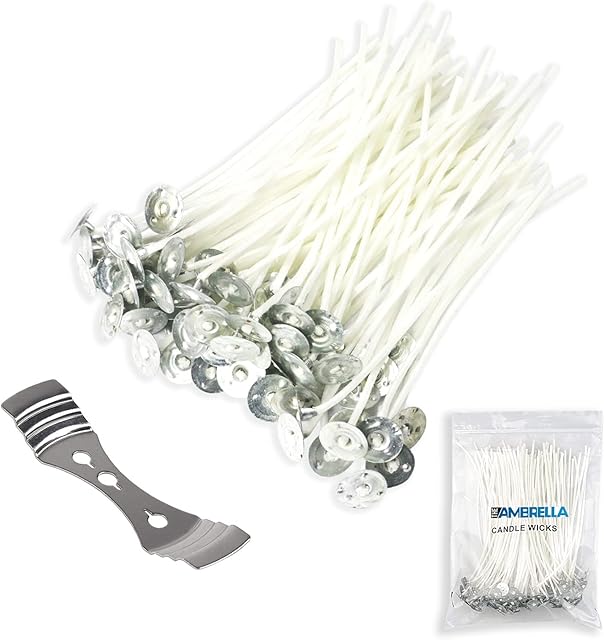 TheAmbrella Candle Wicks for Making Candles 100Pcs - 10cm Long Pre-Waxed Wicks with Metal Tabs & 3-Hole Wick Holder - Low Smoke & Longer Burning Time - Perfect for DIY Candles