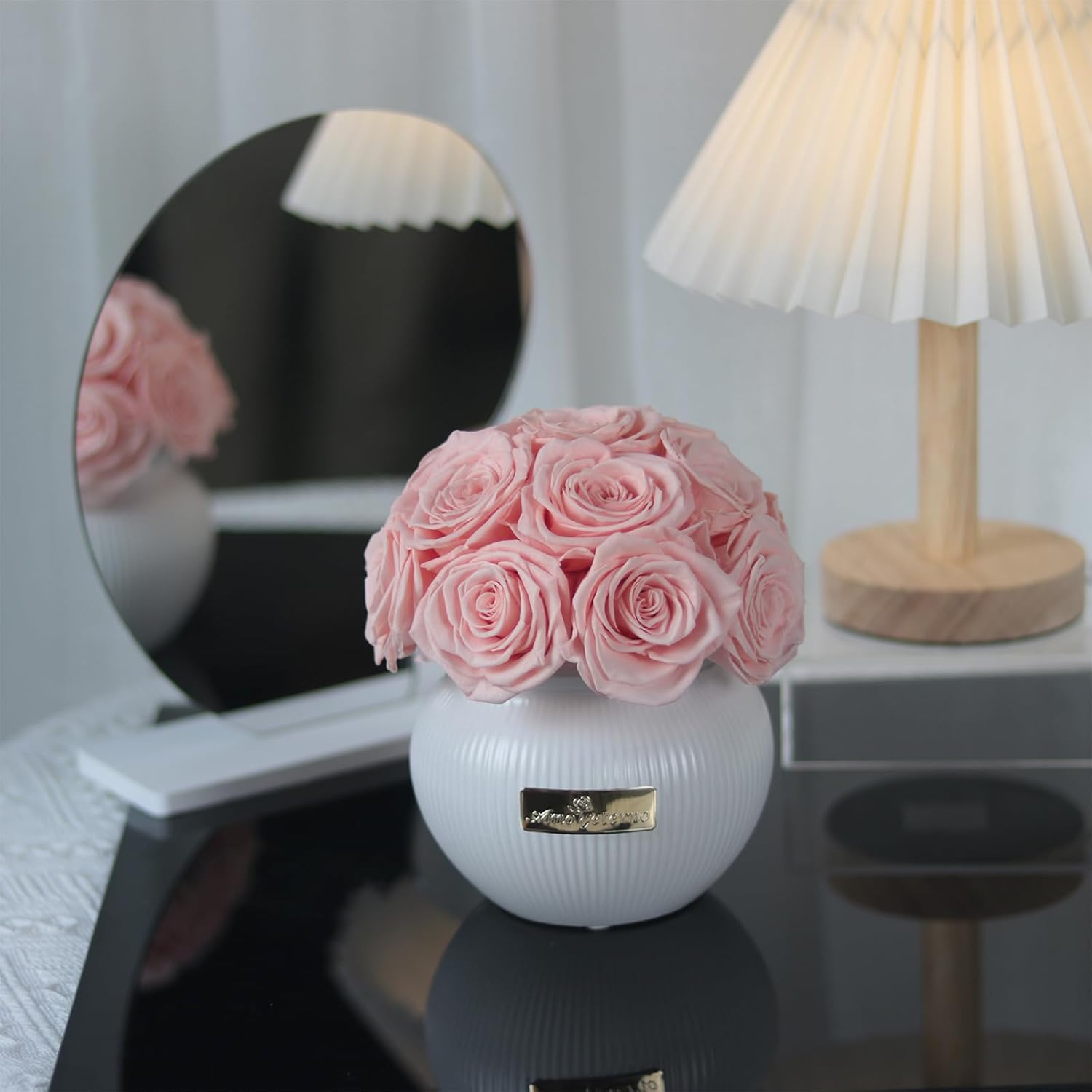 Preserved Roses,Weeding Flowers,Table Centerpiece Flowers14Pcs Long Lasting Real Rose in Ceramic Vase,Table Flowers for Party,Wedding Decor,Birthday,Anniversary,Wedding Gifts for Her(Peach Pink)