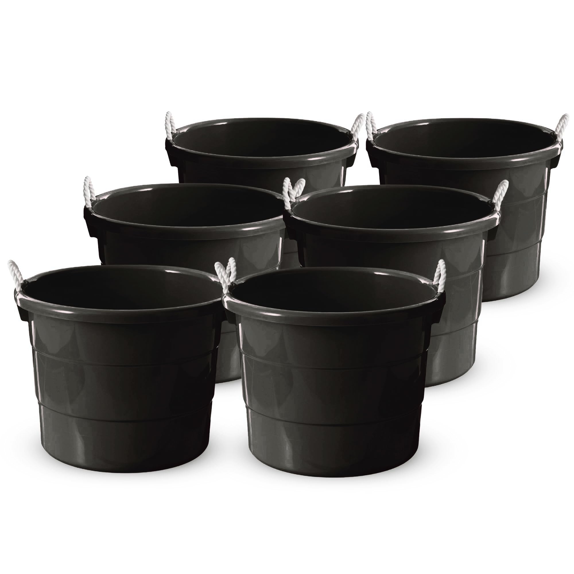 HOMZ 6-Pack Utility Tub, Large Plastic Storage Bucket with Rope Handles, 17 Gallon, Black - Portable Indoor and Outdoor Buckets for Kitchen, Laundry, Garden, Bathroom, and Garage Organization