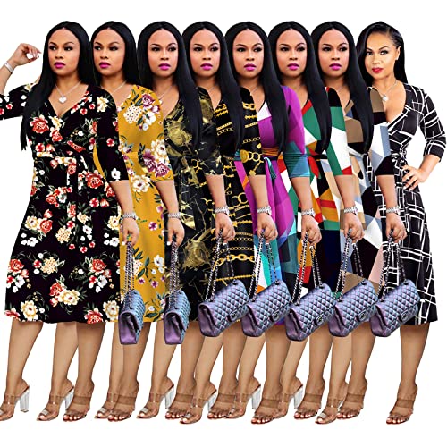 Image of Womens Plus Size Summer Dresses Sexy V Neck Midi Dress Faux Wrap Dress 3 /4 Sleeve Boho Casual Floral A-Line Skirts