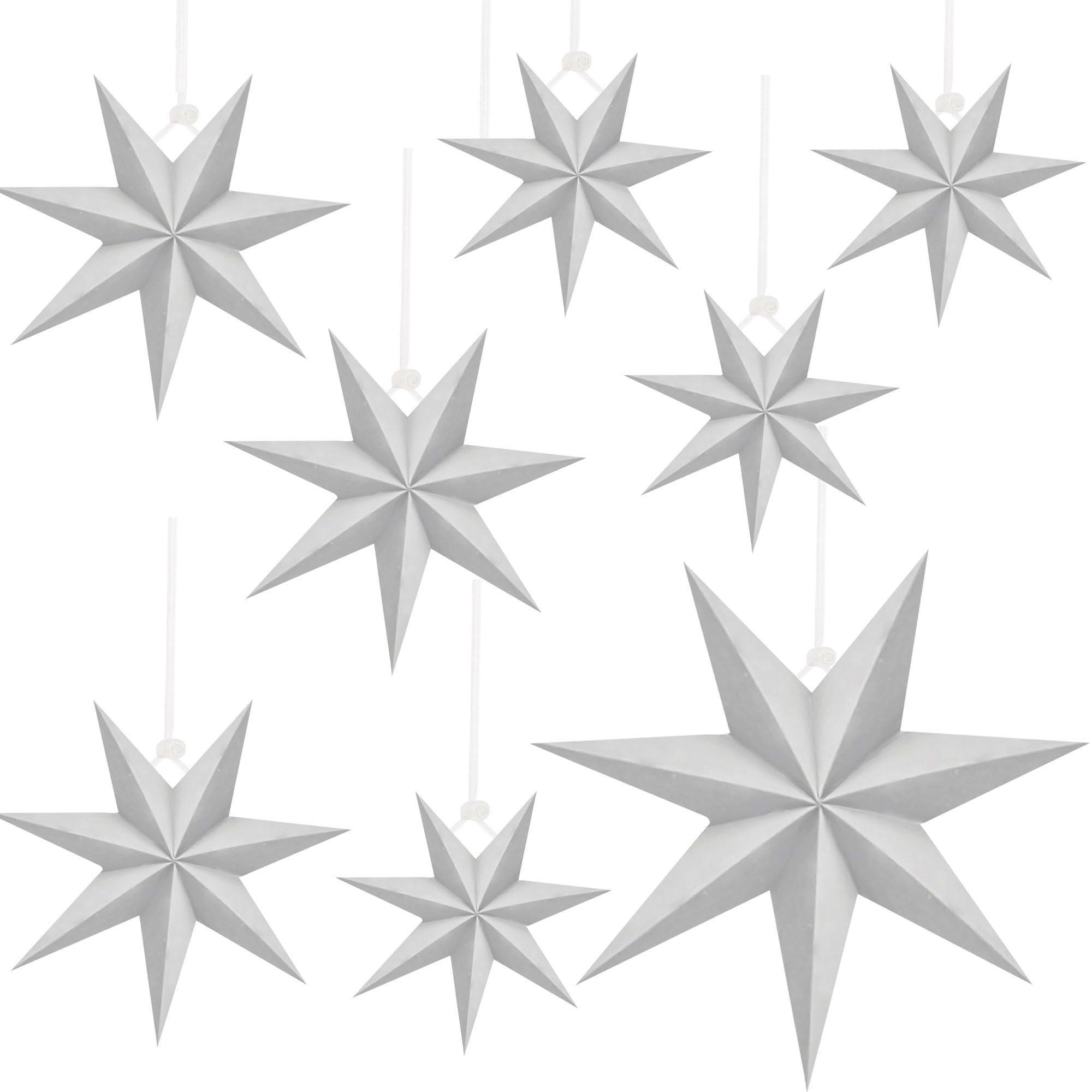 8 Pack 18 Inch/ 14 Inch/ 12 Inch/ 10 Inch 3D Paper Stars 7-Pointed White Hanging Paper Star Decorations for Christmas Holiday Wedding Birthday Party Room Decor, 4 Size