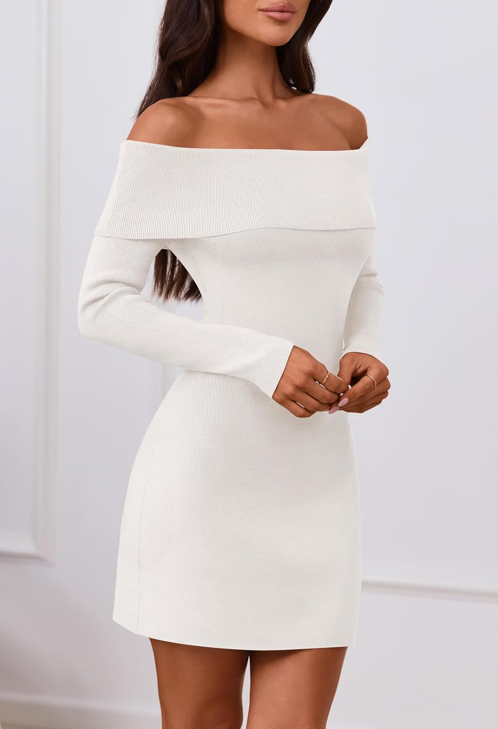 MEROKEETY Women's Sexy Off Shoulder Sweater Dress 2026 Winter Spring Long Sleeve Bodycon Club Night Out Mini Dresses - Image 3