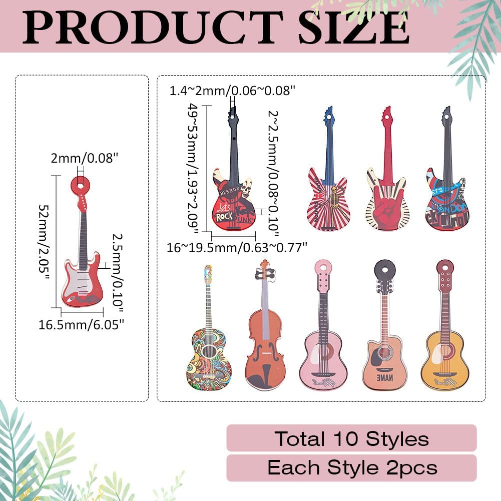 20Pcs Guitar Charms 10 Style Arcylic Guitar Instrument Large Pendant 50×16×2mm Musical Symbol Pendants with Loop for Jewelry Making Necklace DIY Craft Party Home Deco Red Yellow Pink - Image 2