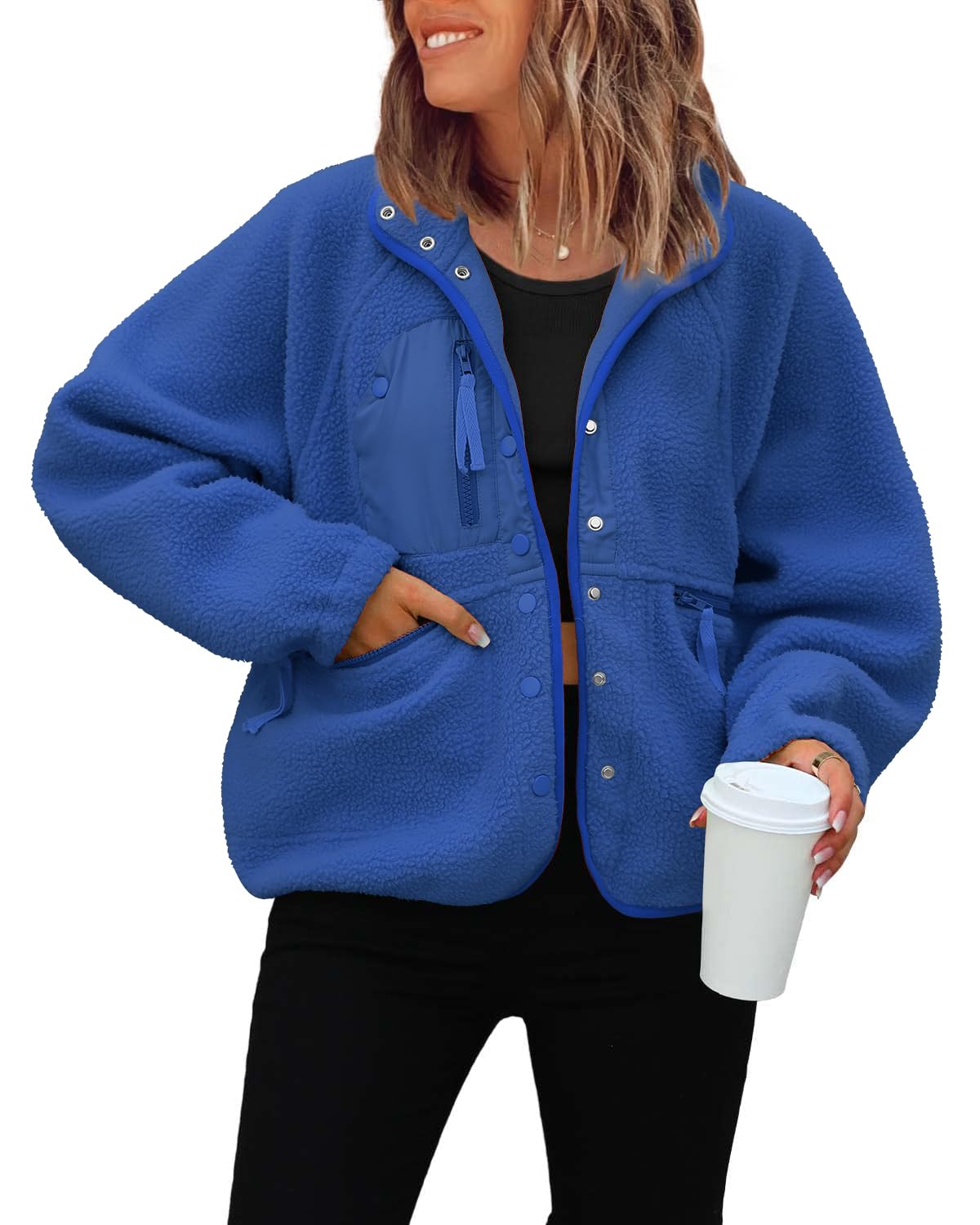 ReachMe Womens Casual Lapel Long Sleeve Sherpa Jacket Button Down Fuzzy Fleece Coat Winter Y2K Outwear With Pockets