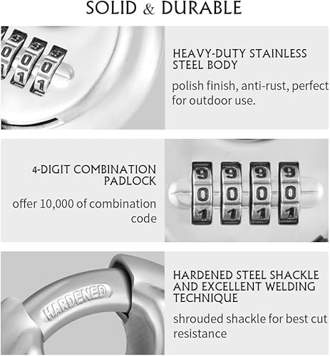 Miniatura 3 de Candado de combinación de 4 dígitos, candado de combinación de disco con grillete de acero endurecido para cobertizos, casilleros, unidad de