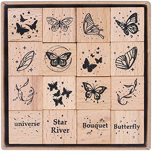 Fciqven 16 Pcs Vintage Wooden Rubber Stamp Set, Butterfly Decorative Stamp Wood Rubber Stamp for DIY Craft, Scrapbooking, Card Making, Gift Wrapping, Journals