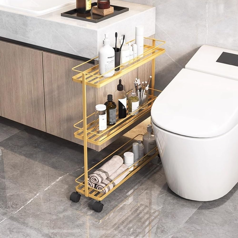 Multifunctional 3 Tier Rolling Cart, Mobile Utility Cart, Bathroom Organizers and Storage with Spinner Wheels, Metal Storage Cart for Room(Gold)