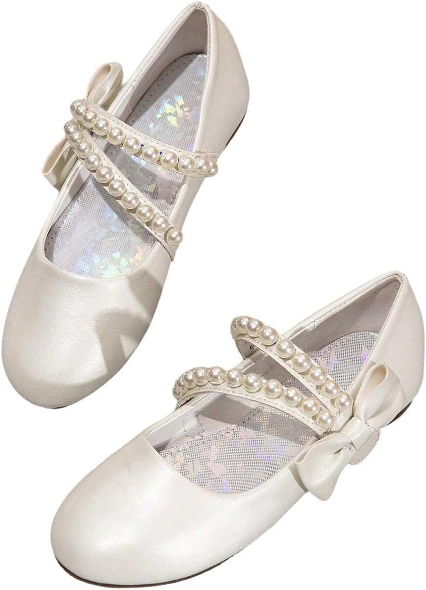 GORGLITTER Girl's Ballet Flats Sandals Kids Dress Shoes Bow Pearl Maryjanes Wedding Guest Party Communion Princess Shoes