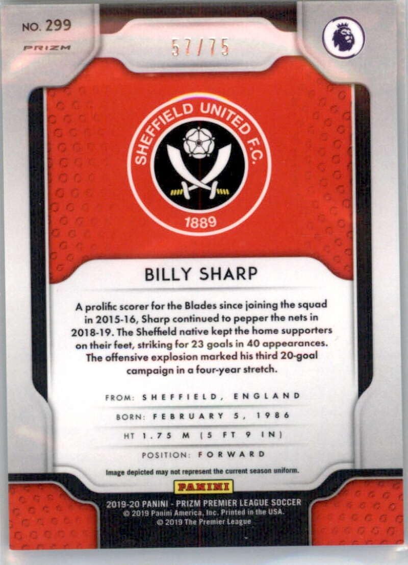 2019-20 Panini Prizm Premier League EPL Prizms Blue Ice Soccer #299 Billy Sharp SER/75 Sheffield United Official Futbol Trading Card From Panini America