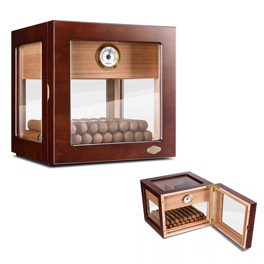 Cave à cigares de bureau double couche en bois de cèdre avec hygromètre