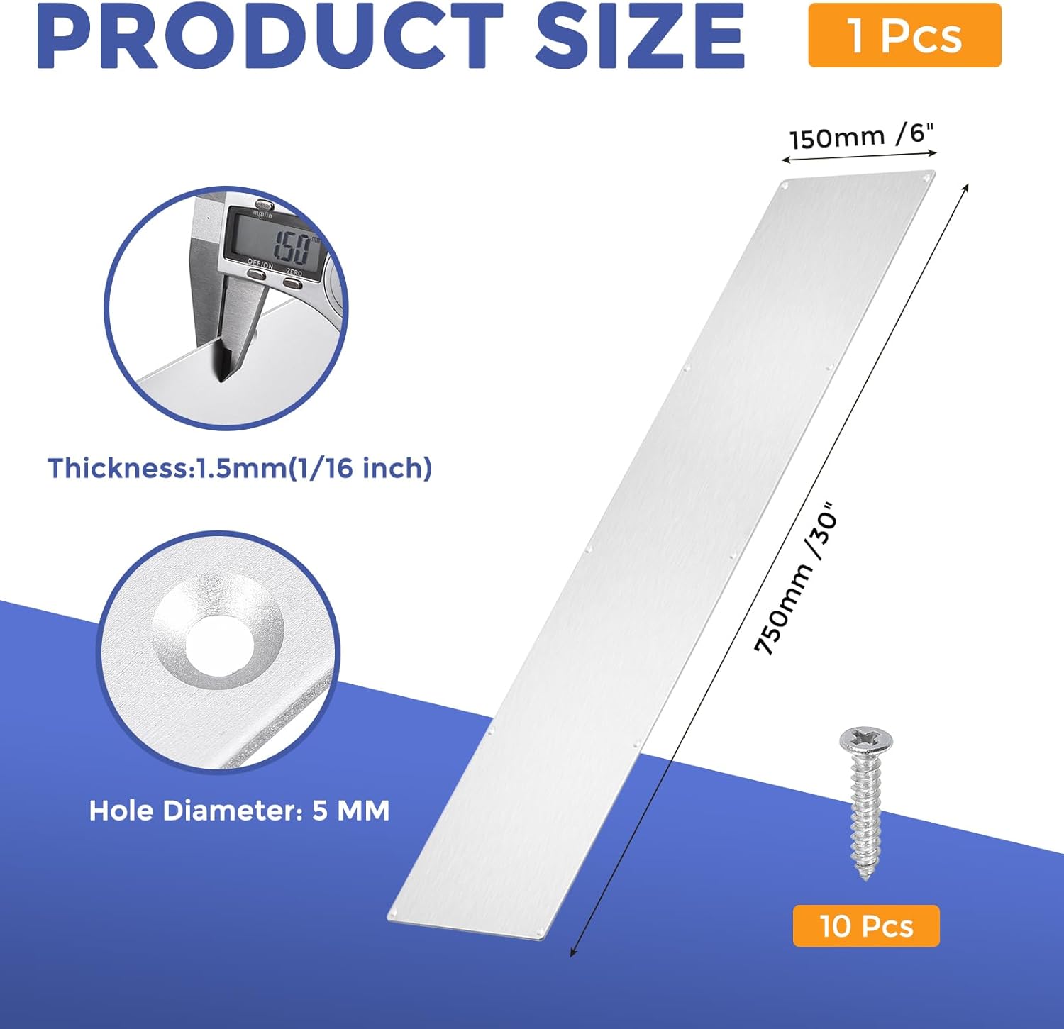 1 pcs door kick plates - 6 x 30 inches kick plates for exterior interior doors protection decor, 1.5mm (1/16 inch) thickness rectangular aluminum door push plate (silver) 6 x 30 inch silver
