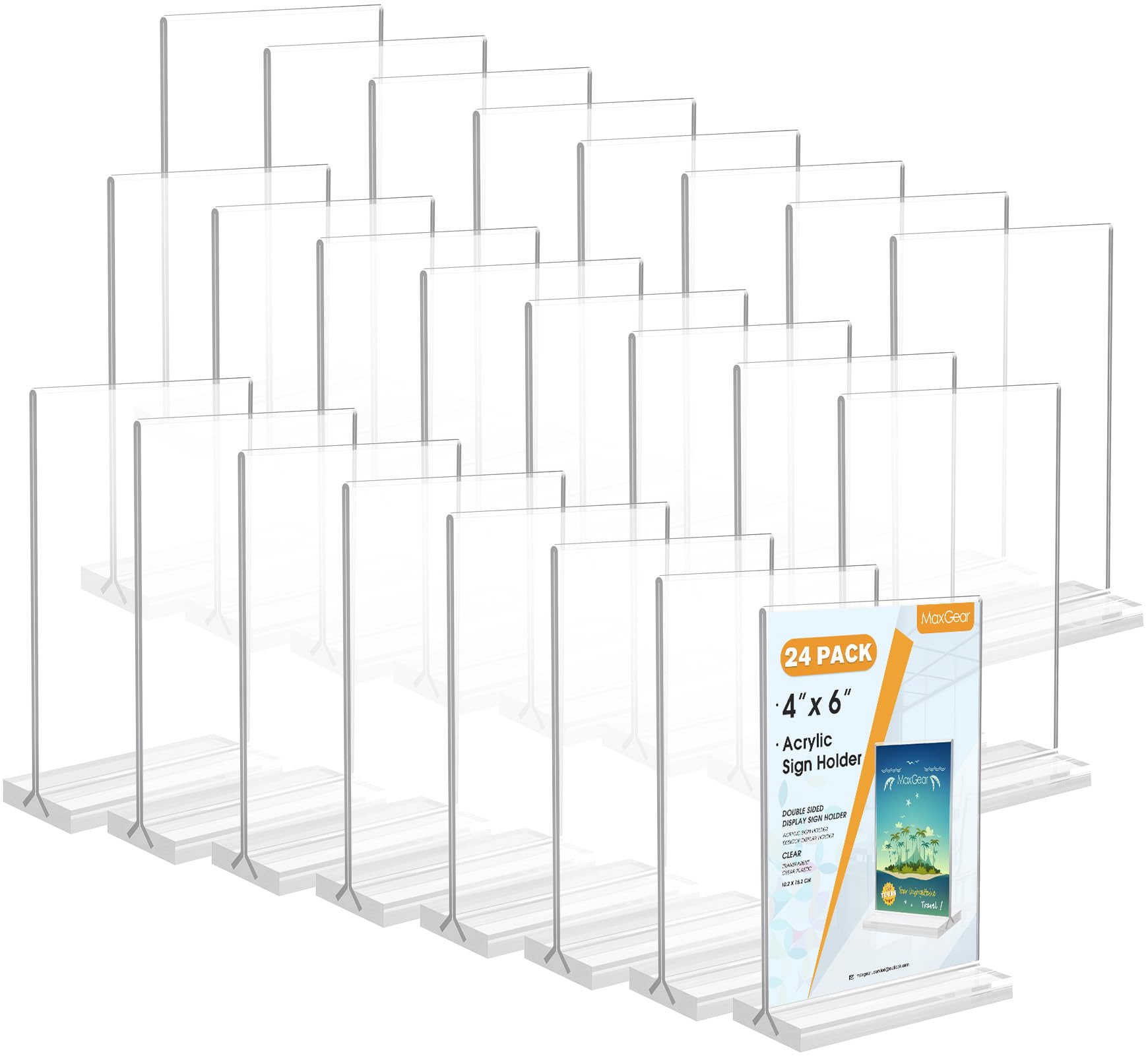 MaxGear 4x6 Acrylic Sign Holder 24 Pack, Double Sided Display Stand, Clear Paper Holder Picture Frame, Plastic Menu Holder Photo Frame Poster Stand for Stores, Restaurants, Hotels, Office