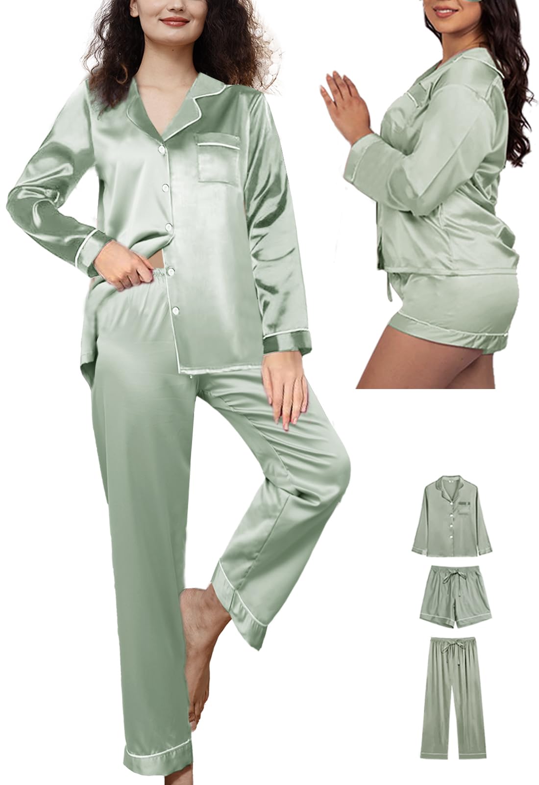 WJing Yi Jia Womens 3Pcs Silk Satin Pajama Sets Silky Pajamas Set With Shorts Stripe Pj Sets XS-XXL Sleepwear Pjs Loungewear