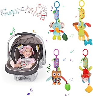 لعبة شخشيخة لينة قابلة للتعليق مع عضاضات بحلقة تثبيت مناسبة لعربة الأطفال ومقعد السيارة والسرير والسفر للأولاد والبنات، بتصميم كلب وفيل وبومة وقرد، مقاس 35 سم × 13 سم، 4 قطع