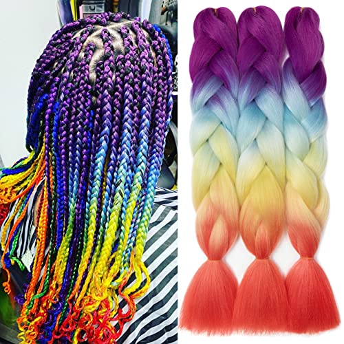 Gairyan Braiding Hair Extensions Ombre Jumbo Braids Synthetic Hair 3 Packs 24 inches 300g Coloured Hair for Braiding Extensions Box Braids Crochet Twist (Purple-Blue-Yellow-Orange)