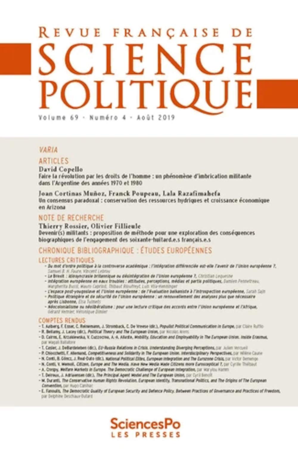 Revue française de science politique 69-4, août 2019 - Varia
