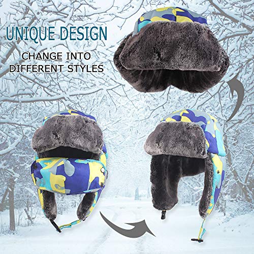 Winter Boy Trapper Trooper Hat Outdoor Warm Girls Ski Cap Windproof Mask Ear Flaps Hats For Kids (Camouflage Blue) #TOP1