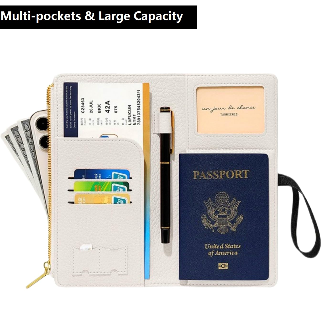 DOB SECHS Cartera de cuero para pasaporte, funda para pasaporte RFID, funda para tarjetas de crédito para mujer, bolsa organizadora de accesorios de viaje con ventana de identificación, bolsillo con