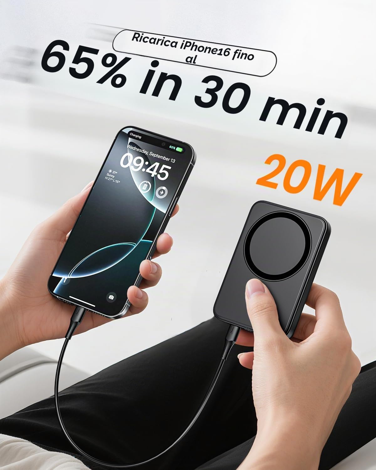 Powerbank per Mag-safe, 10000mAh Power Bank Wireless 20W PD Ricarica Rapida Magnetico Inalámbricos con Type-C Caricatore Portatile Batteria Esterna per iPhone 17/16/15/14/13/12 Tutto Series-Nero