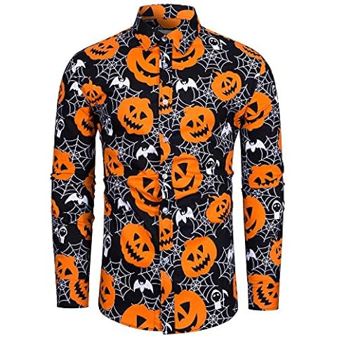 fohemr Mens Halloween Shirts Ugly Pumpkin Bat Print Long Sleeve Button Down Casual Jack-O-Lantern Costume Dress Shirt Ghost Theme Party Black Medium Cover