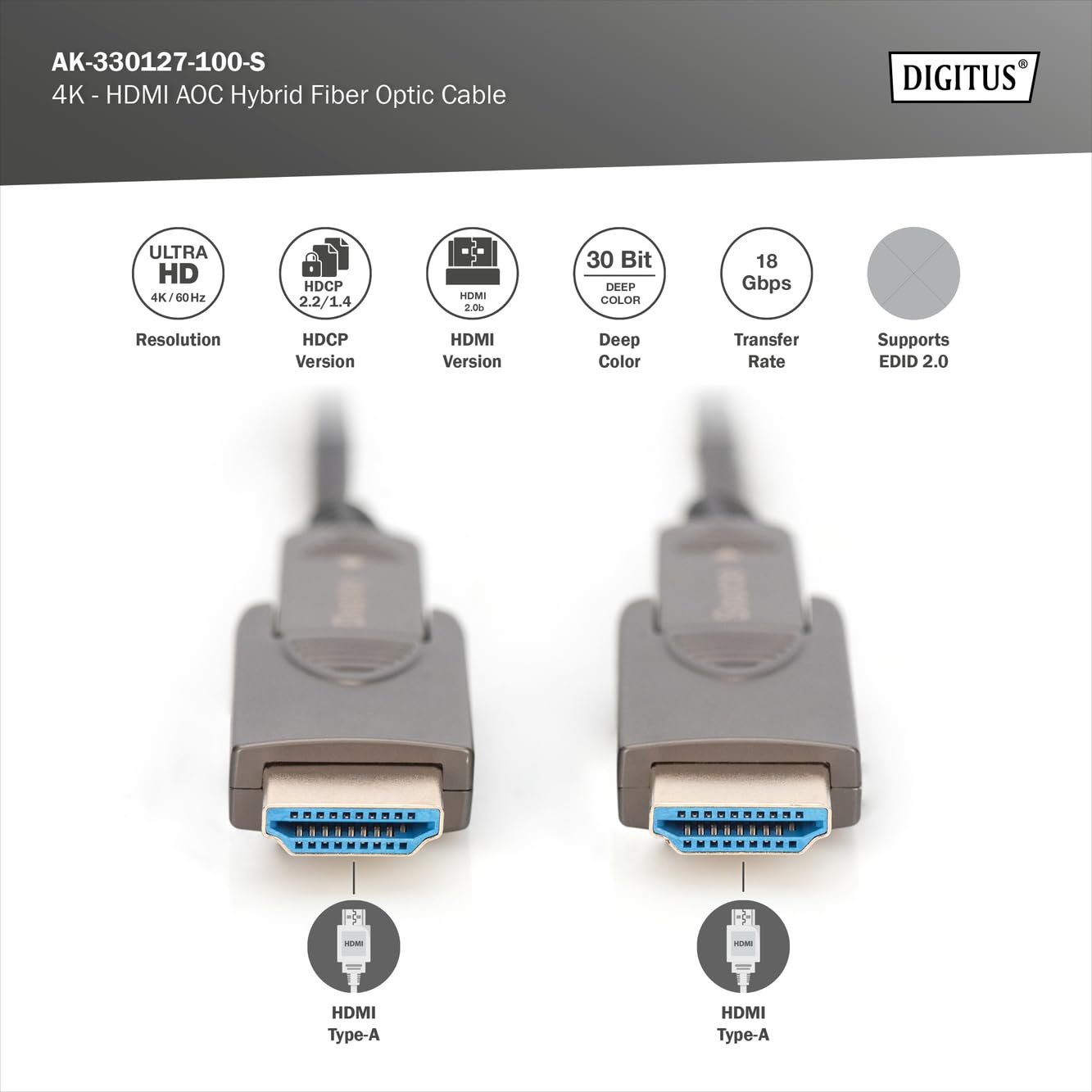 Digitus HDMI AOC Hybrid fibre optic cable, 10m, HDMI 2.0b, 4k/60Hz, detachable connectors, compatible with TV/beamer/monitor - Image 2