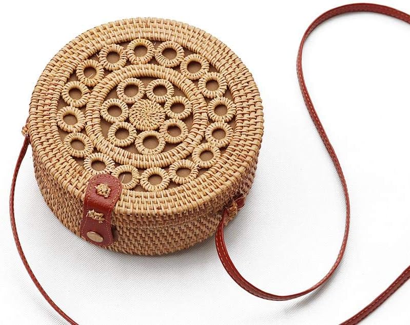 Round Rattan Crossbody Bag For Women, Women's Bag Rattan Bag Messenger Bag Straw Bag Bamboo Basket Bag Woven Handbags Travel Bag