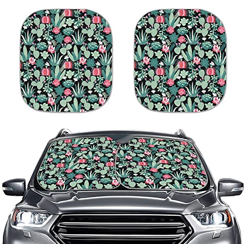 Toaddmos Cute Cactus Succulents Flower 2 Piece Front Windshield Sun Shade Folding Auto Sunshade For Car Truck Suv,Blocks Uv Rays Sun Visor Protector And Keeps Your Vehicle Cool #TOP2