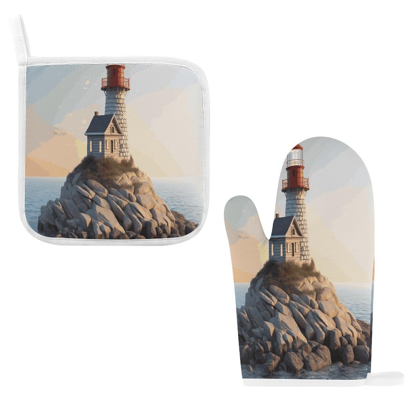 Btcowzrv Style 3D Seaside Lighthouse Oven Mitts And Pot Holders 2Pcs Set