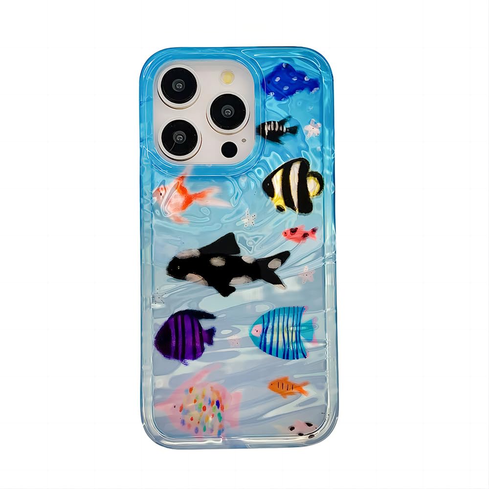 Casechics Compatible with iPhone Case,Cute Ocean Animals Aquaria Lovely Fishes Full Body Protection Soft Shockproof Cover Phone Case (Blue,iPhone 12)