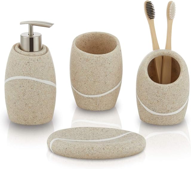 zccz Bathroom Accessories Set 4 Pcs, Décor Bathroom Vanity Countertop Accessory Set with Soap Dispenser, Toothbrush Holder, Bathroom Tumbler and Soap Dish, Beige