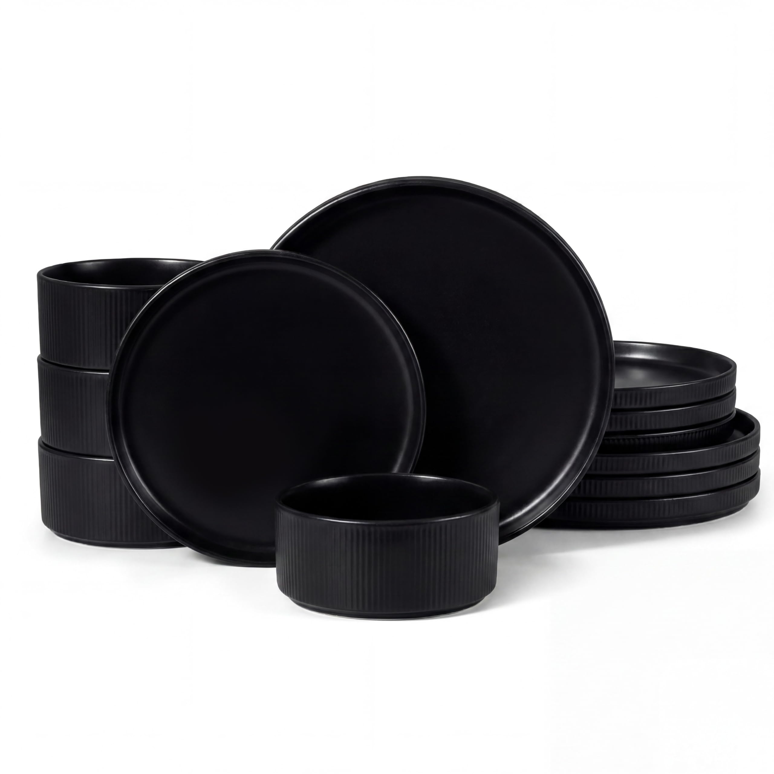 HaWare Dinner Set, 12 PCS Stoneware Plates and Bowls Set, Matte Black