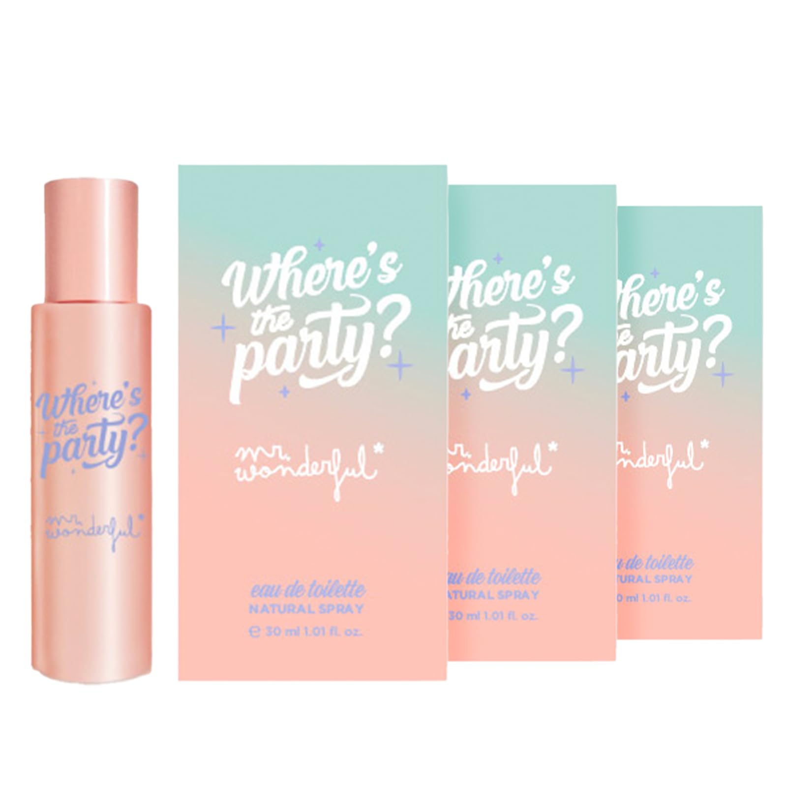 MR WONDERFUL - Where's the Party?, Colonia Mujer, Pack de 3 x 30 ml, Formato Viaje en Spray, Perfume Mujer, Eau de Toilette Natural y Femenina, Aroma Dulce y Afrutado, Fragancia Fresca y Duradera
