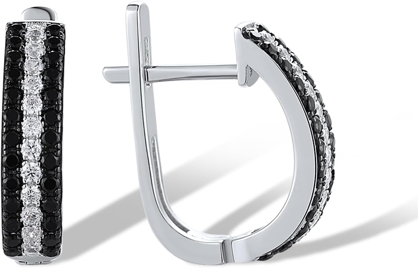 Santuzza 925 Sterling Silver Black & White 3-Row Earrings Black Spinel Cubic Zirconia Dangle Earrings for Women