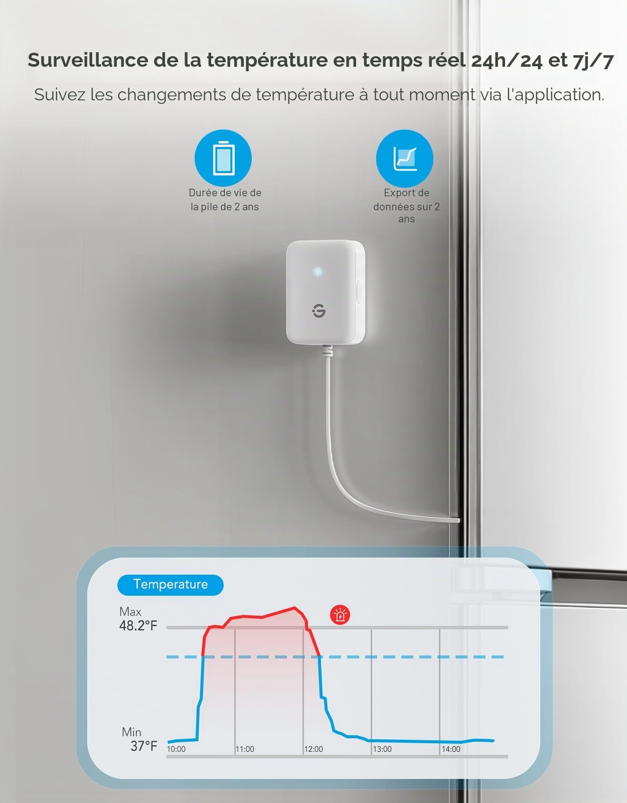 GoveeLife Thermomètre de réfrigérateur WiFi avec alarme, jauge de température numérique sans fil avec contrôle par application, 2 ans d'exportation de données gratuite, pour la maison, la cuisine, le