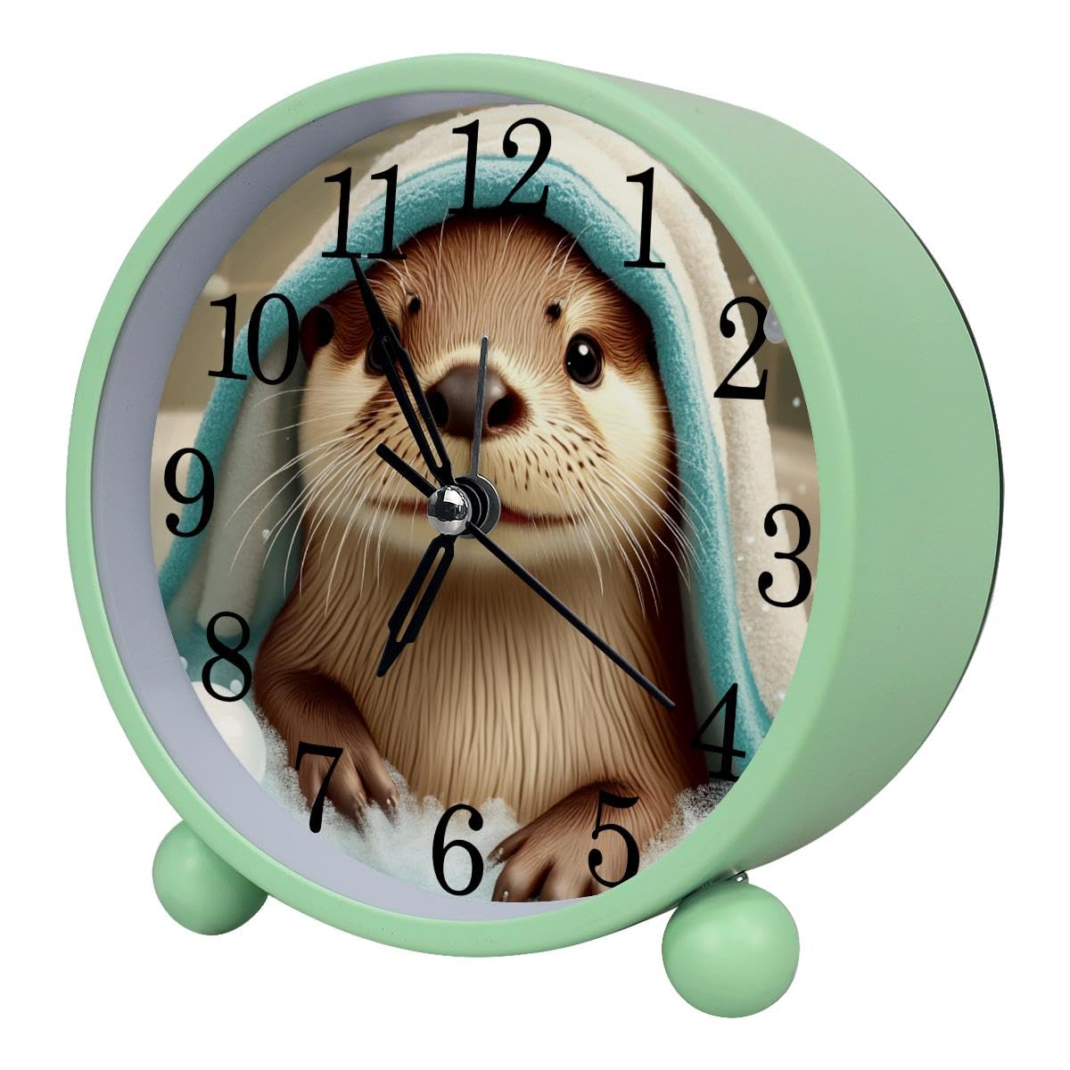 Luoweisi Alarm Clock Cute Otter, Silent Non-Ticking with Night Light, Round Metal Alarm Clock for Office, Battery Operated, Bedroom, Elderly, Adults, Children, Student Gifts
