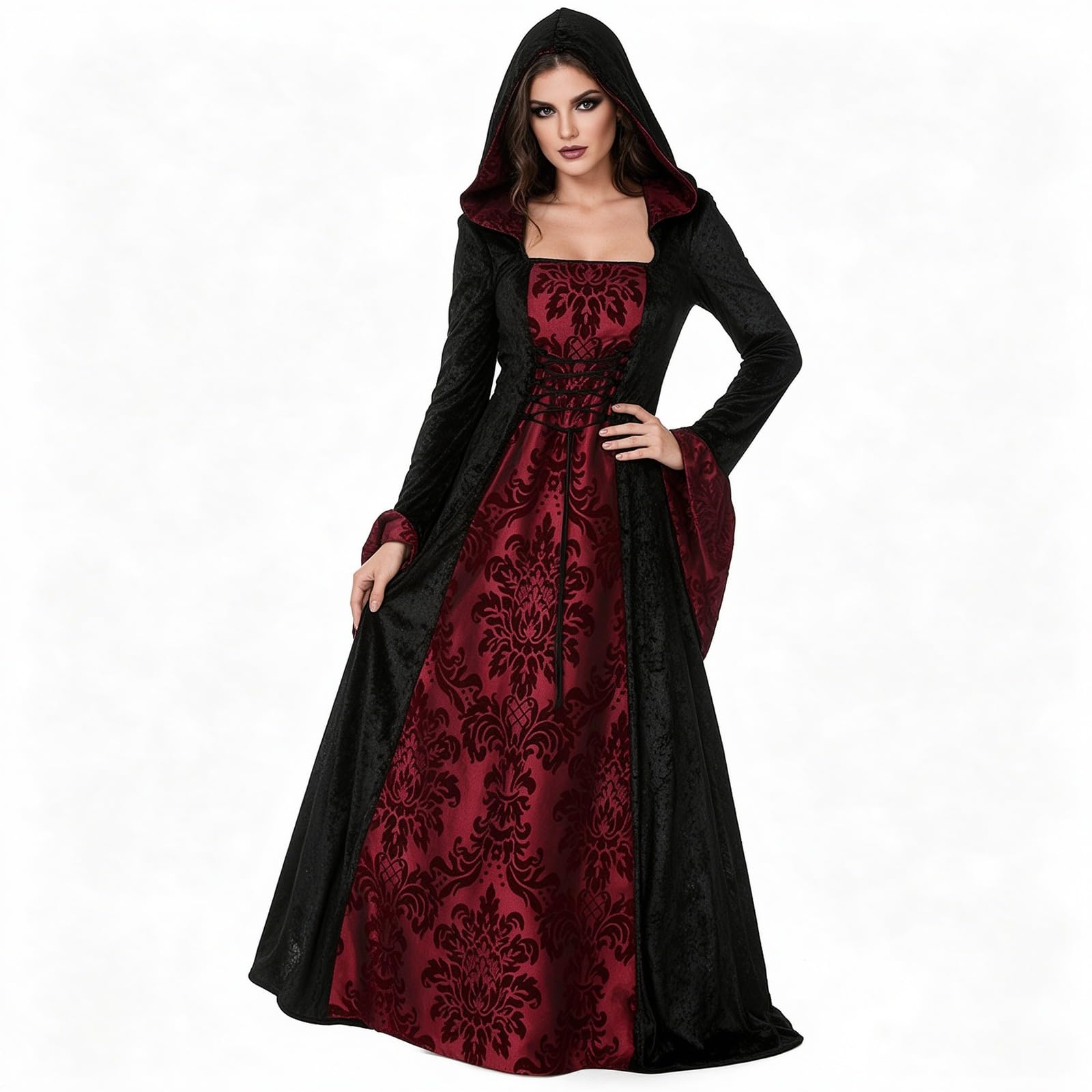 Didadihu Hexenkostüm Damen Mittelalter Kleidung Lang mit Kapuze Gothic Kleid Elegant Halloween Kostüm mit Spitze & Kordel Gothikkleider Mystisch Romantisch Outfit für Cosplay Kostümparty