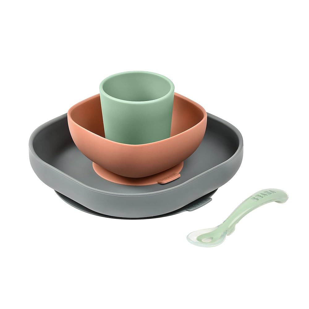 BEABA Silicone 4 Piece Baby Feeding Set, Suction Plates for Baby, Includes Plate, Bowl, Cup, 2nd Stage Spoon, High Grade Food Safe Silicone, Baby Must Haves, Mineral