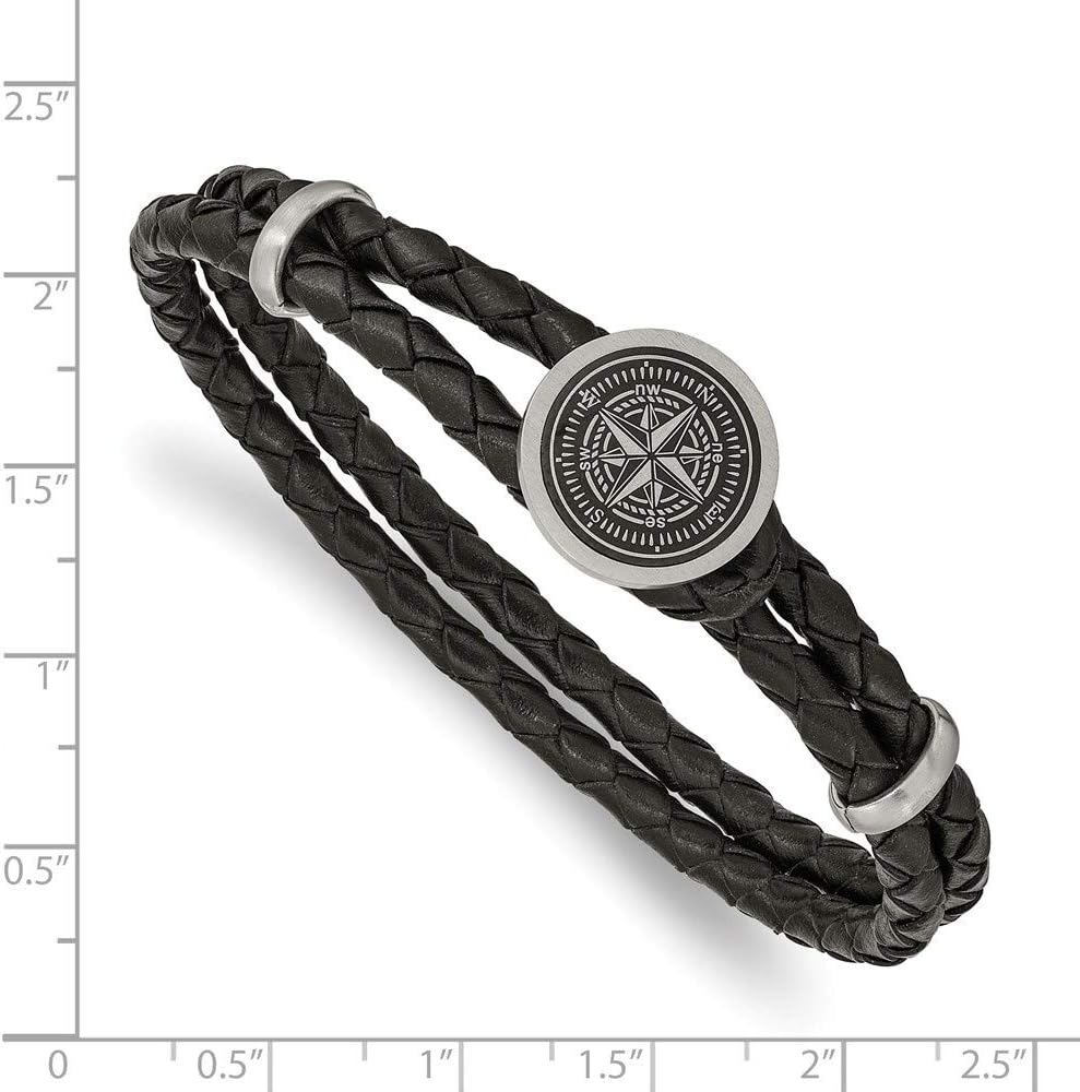 Real Stainless Steel Men's Brushed Lasered Compass Black Leather 8.5in Bracelet 8.5" (Width = 9mm)