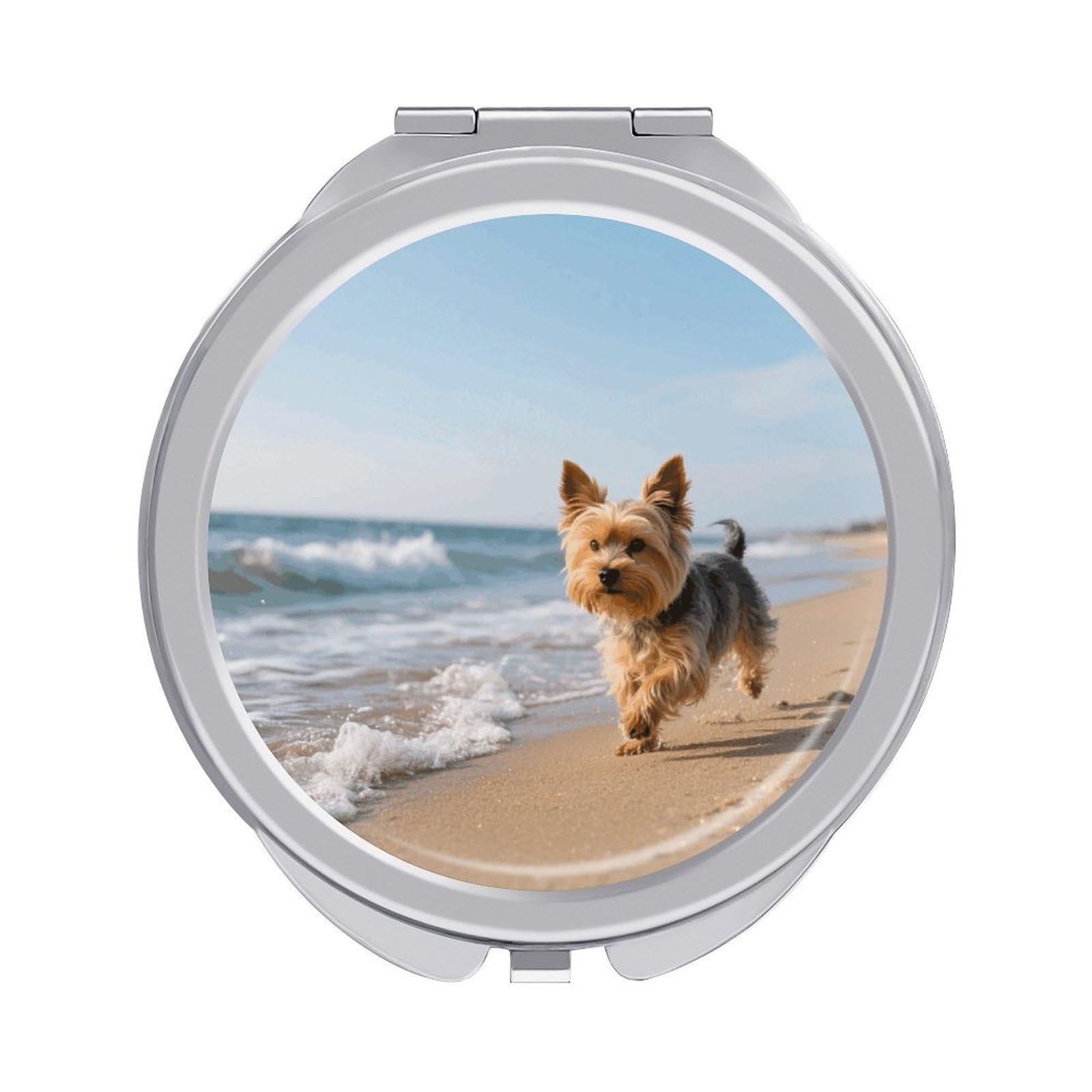 VstaDank Yorkshire Terrier on Beach Makeup Mirror Beautiful Compact Makeup Mirror Silver Mirrors Surface Folding Makeups Lightweight Travel Makeups Mirrors for Suitable Handbag and Purses