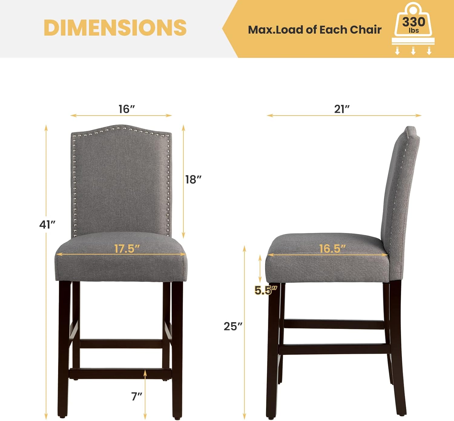 Set of 2 Color Grey COSTWAY Bar Stools Set of 2, Linen Upholstered Counter Height Chairs with Solid Rubber Wood Legs, 25” Kitchen Island Wood Bar Chairs with Nail Heads Decorations, for Kitchen, Bistro, Café (2, Grey)