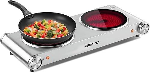 Miniatura 1 de Quemador doble, quemador eléctrico CUSIMAX de cerámica de 1800 W para cocinar, quemador infrarrojo de placa de vidrio, estufa eléctrica portátil de