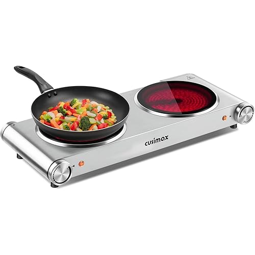 Double Burner, CUSIMAX Electric Burner 1800W Ceramic Hot Plate for Cooking, Glass Plate Infrared Burner, Portable Dual Control Electric Cooktop, Stainless Steel-Upgraded Version